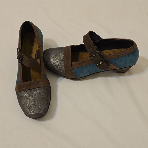 NAOT Dashing Pump Leather Mary Jane Heels Shoes Teal Brown 37/6-6.5 Hook & Loop - Picture 2 of 12